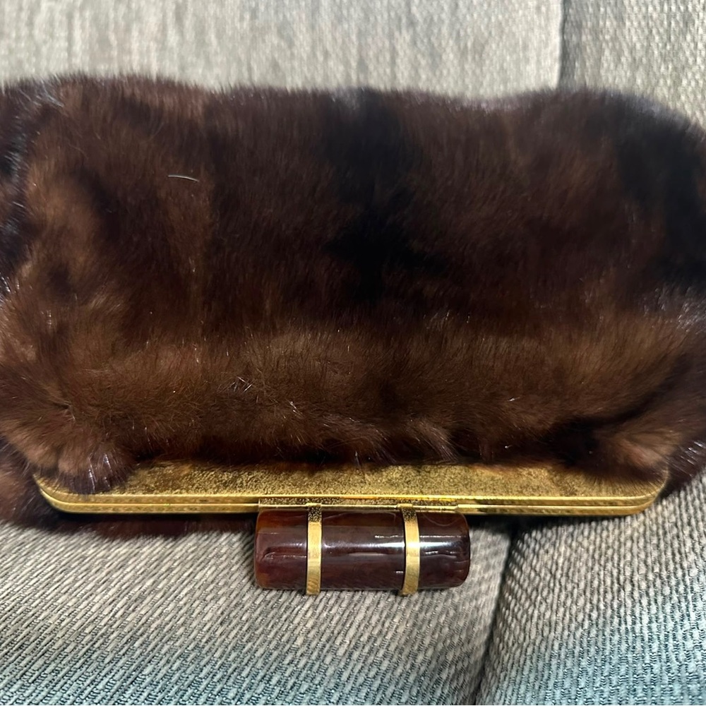 Miu Miu Brown Mink Fur Oversized Clutch with Gold Handle Accent & Brown Strap - Picture 4 of 14
